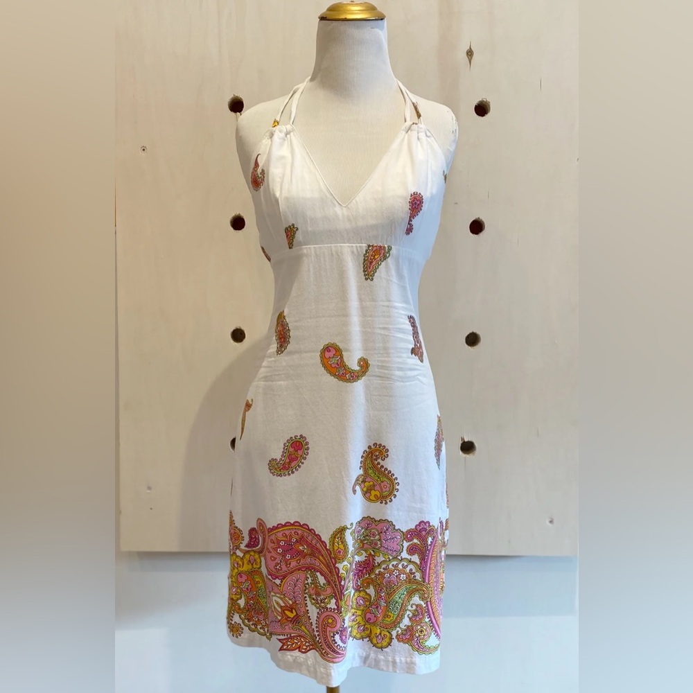 Y2K Vintage White Cotton Halter Dress With Pink & Green Paisley Print